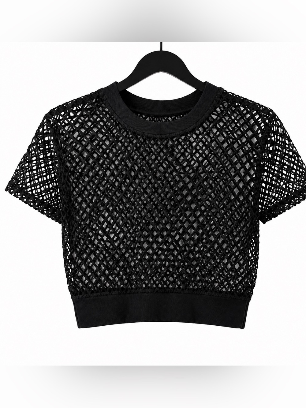 NWT Luna Peak Black Open Knit Mesh Crop Top Size Large